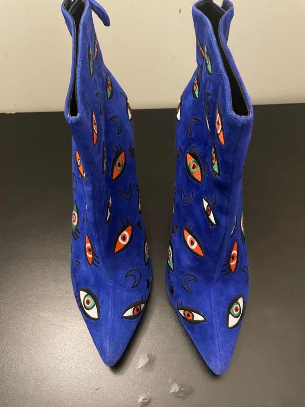 Women's Cobalt Blue Suede Pointed Ankle Boots with Eye Embroidery